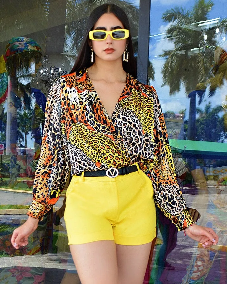 Soft And Silky Chiffon  Shirt Yellow Leopard