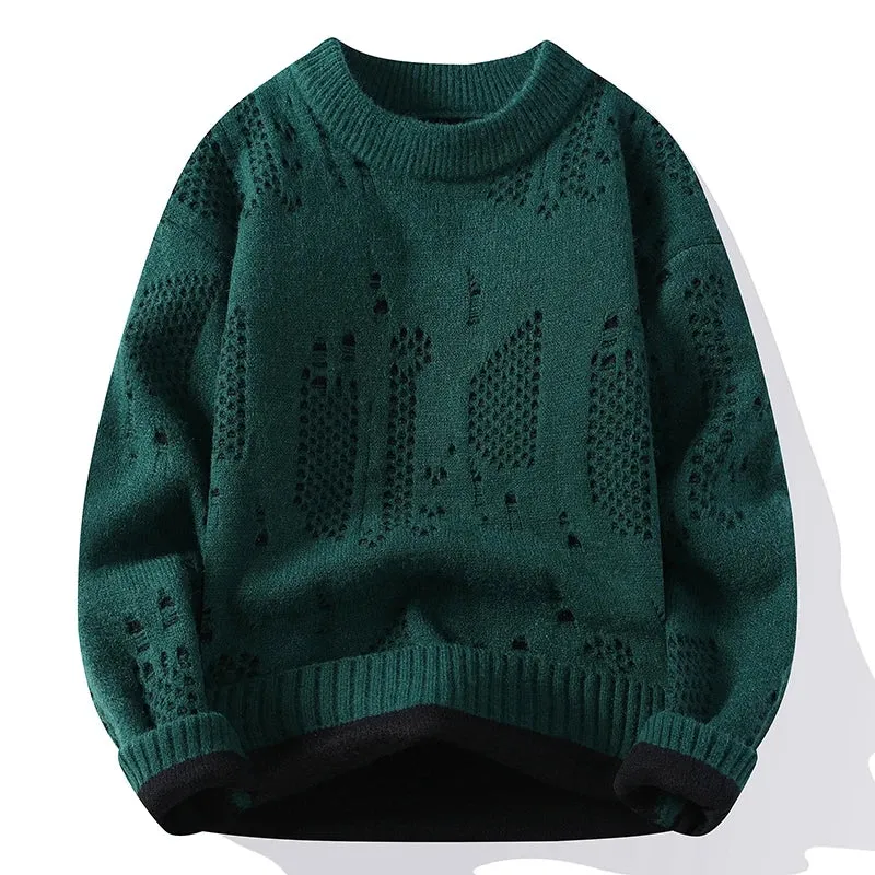 Soft Warm Pull Homme 2024 New Fall Winter High End Fashion Hole Ripped Wool Sweater Men Korean Harajuku Mens Pullover Sweaters