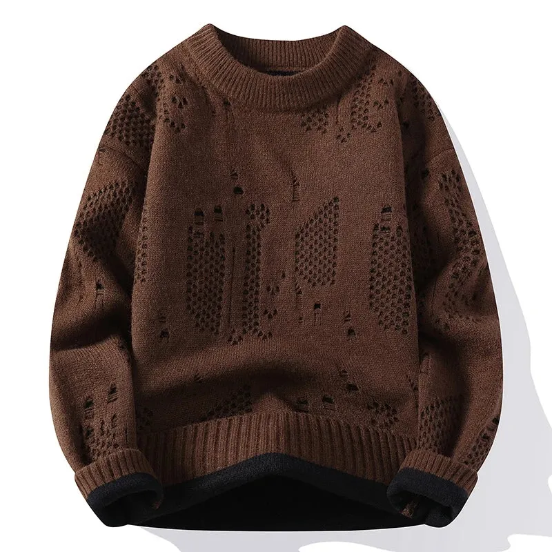 Soft Warm Pull Homme 2024 New Fall Winter High End Fashion Hole Ripped Wool Sweater Men Korean Harajuku Mens Pullover Sweaters