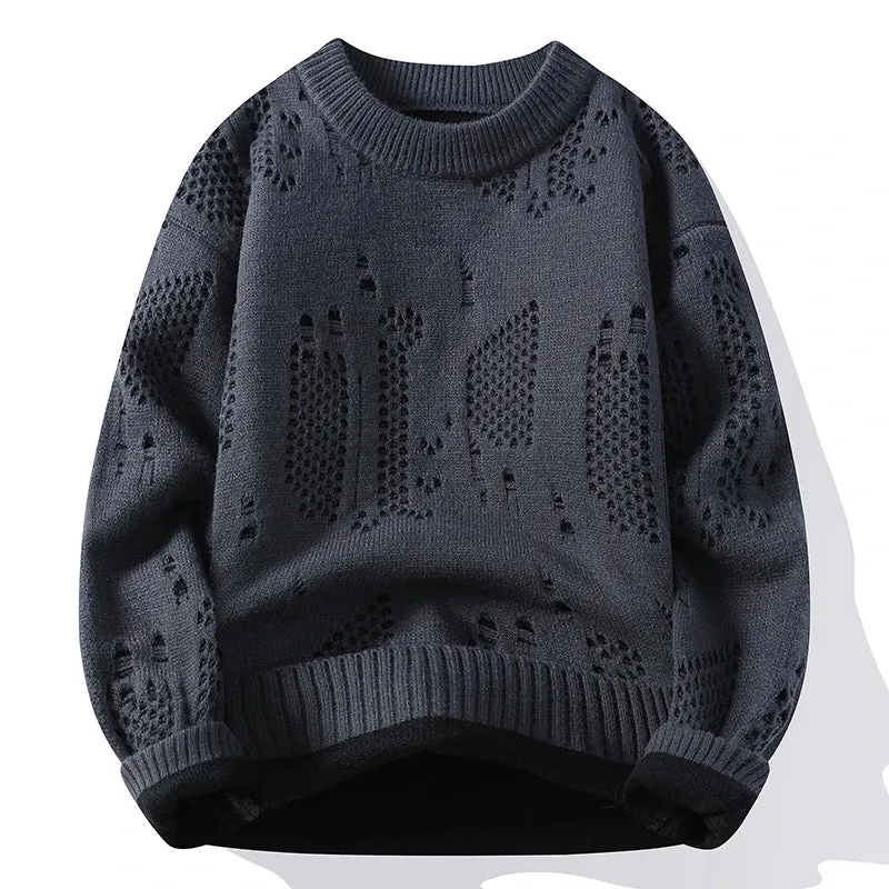Soft Warm Pull Homme 2024 New Fall Winter High End Fashion Hole Ripped Wool Sweater Men Korean Harajuku Mens Pullover Sweaters