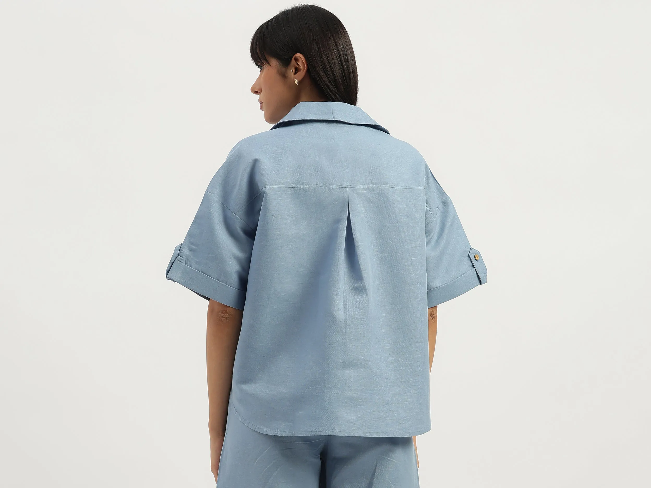 Spread Collar Solid Stylised Shirt