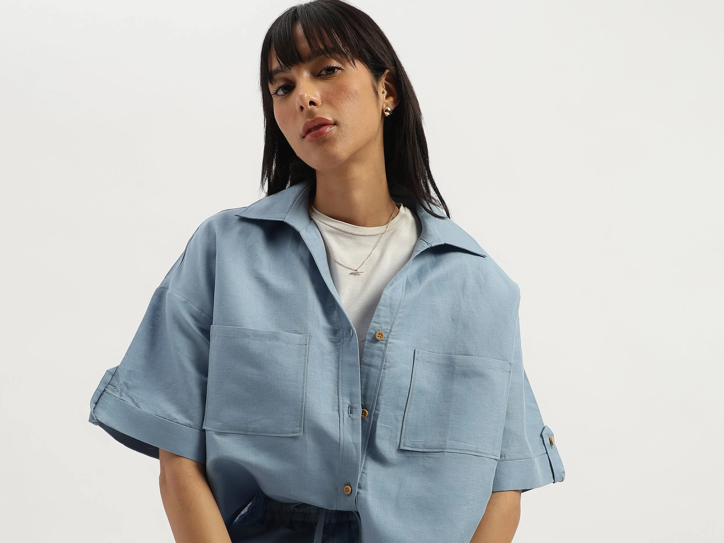 Spread Collar Solid Stylised Shirt