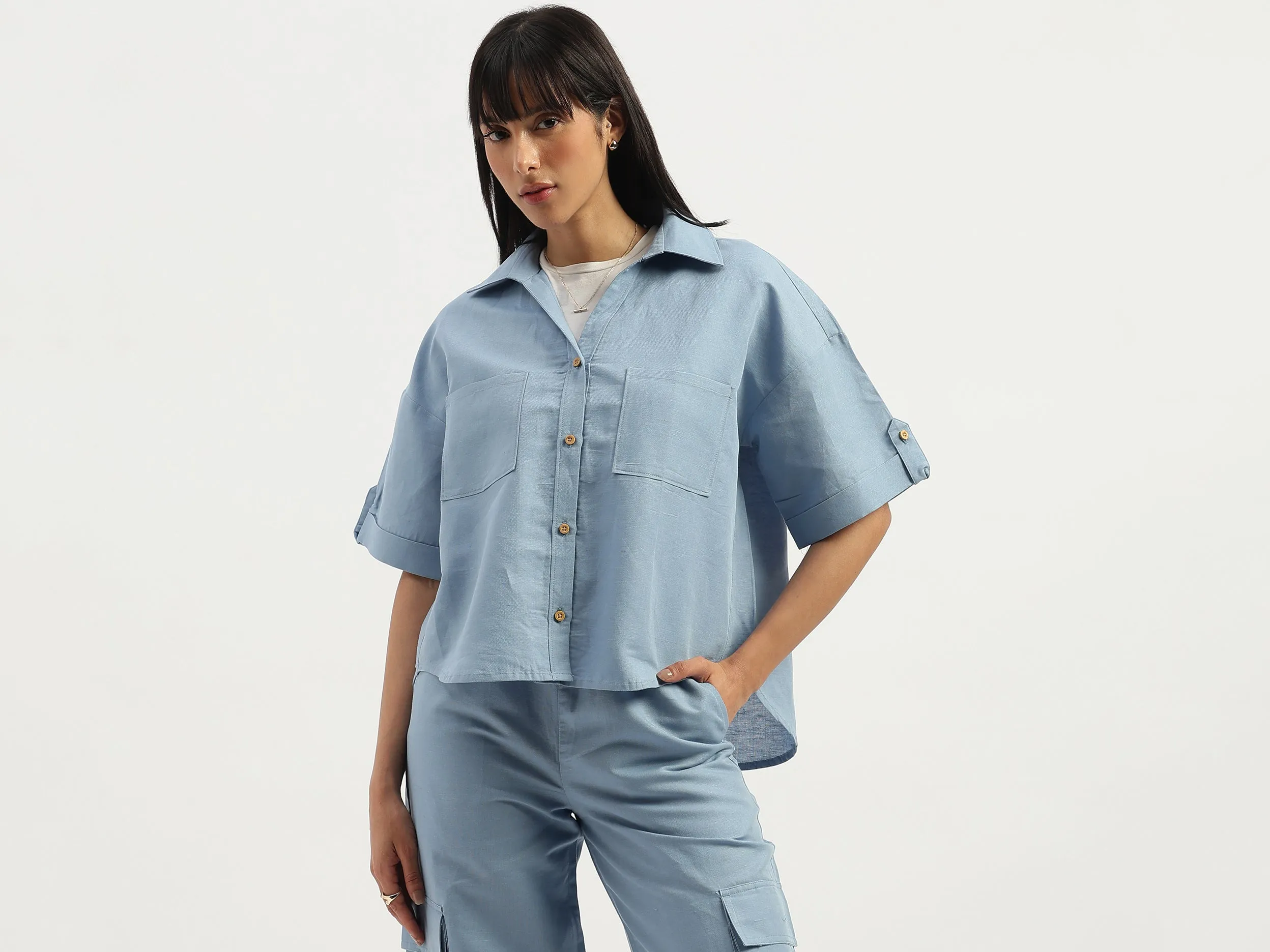 Spread Collar Solid Stylised Shirt