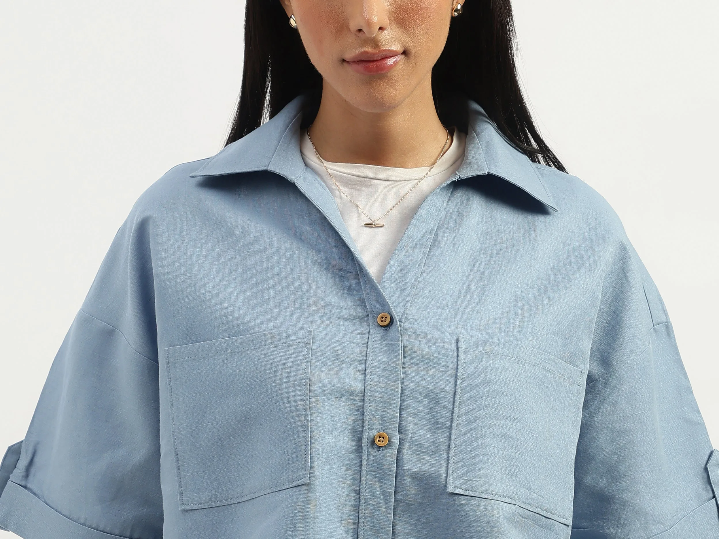 Spread Collar Solid Stylised Shirt