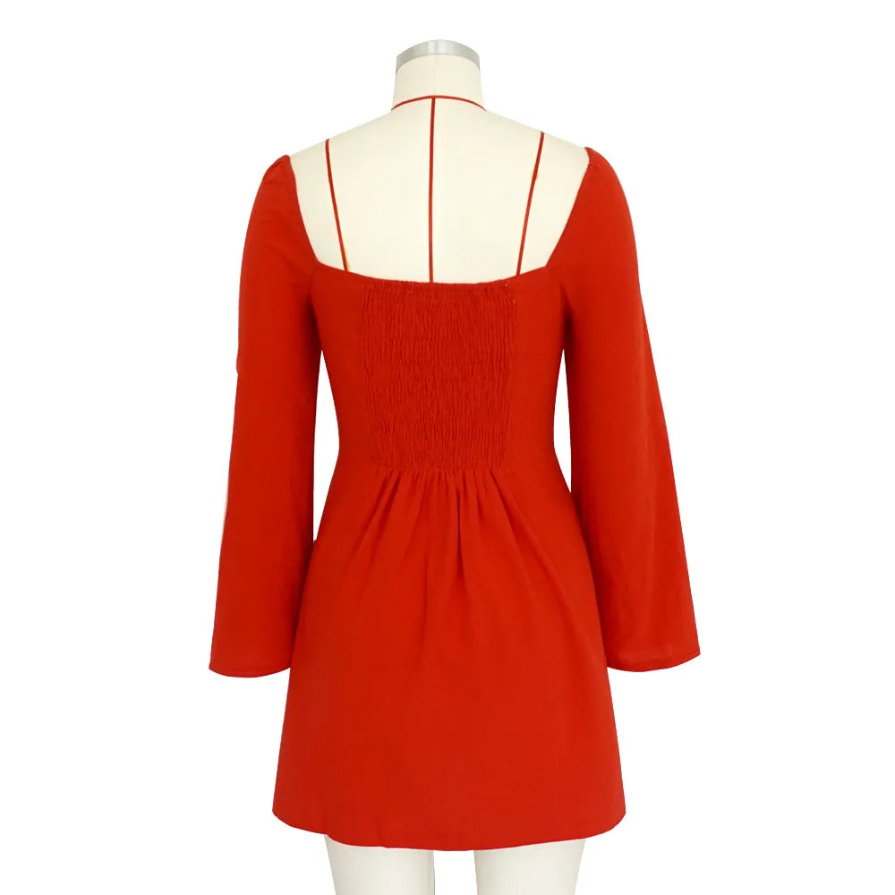 Square Collar Buckle Cuff Tie Dress Spring and Summer