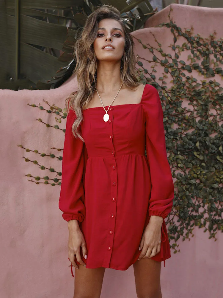 Square Collar Buckle Cuff Tie Dress Spring and Summer