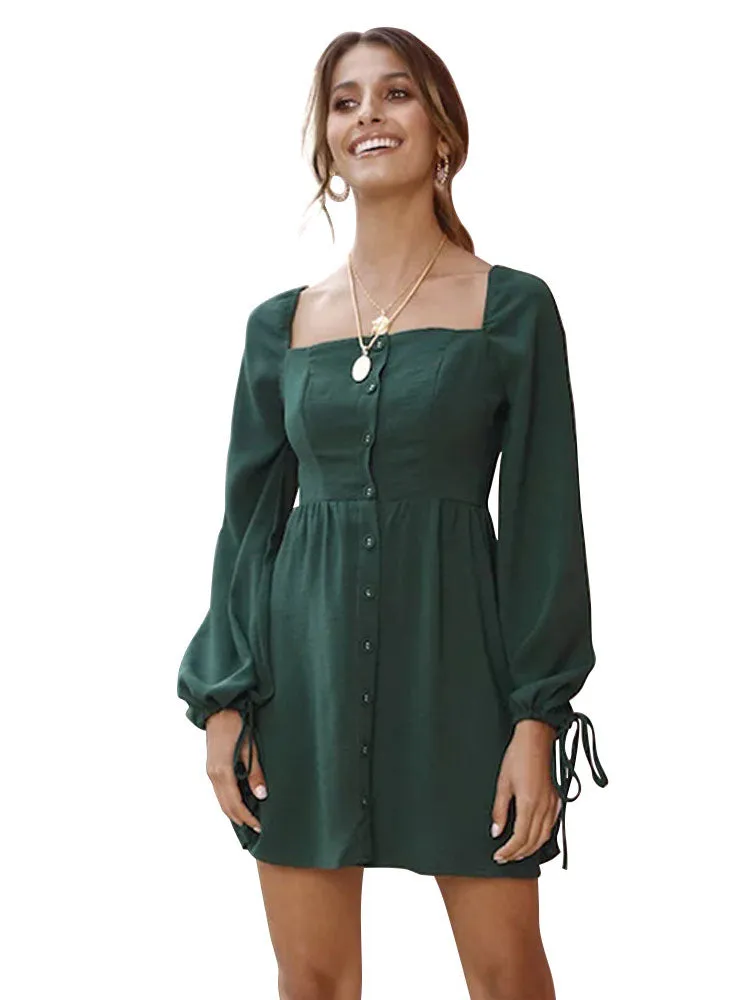 Square Collar Buckle Cuff Tie Dress Spring and Summer