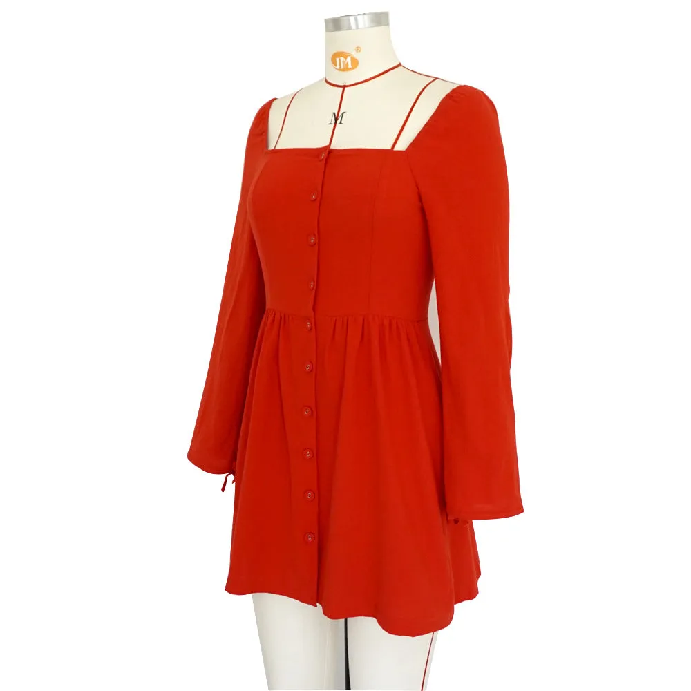 Square Collar Buckle Cuff Tie Dress Spring and Summer