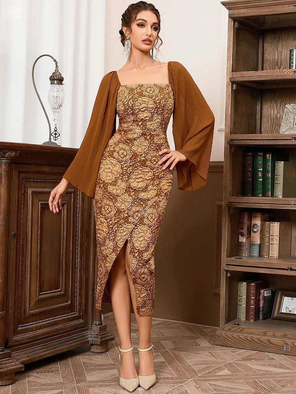 Square Collar Long Sleeve Splicing Midi Bodycon Dress HB100330