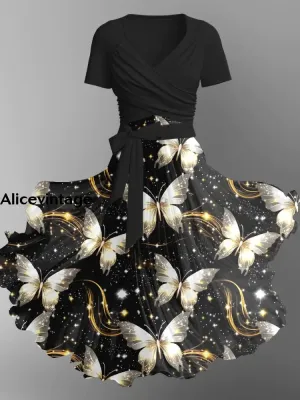 Starlight Butterfly Print Elegant Vintage Chic V-Neck Strap Short Sleeve Midi Dress