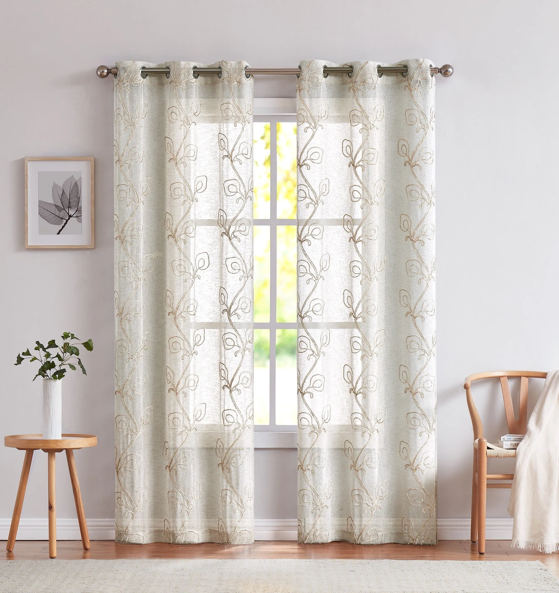 Stella Chenille Embroided Grommet 76" x 84" Window Panel Pair in Linen