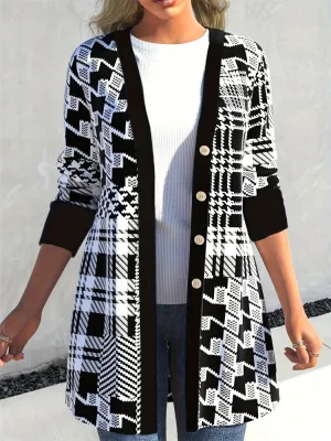 Stylish Women’s Cardigan with Geometric Pattern and Long Sleeves