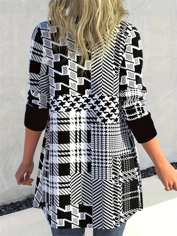 Stylish Women’s Cardigan with Geometric Pattern and Long Sleeves