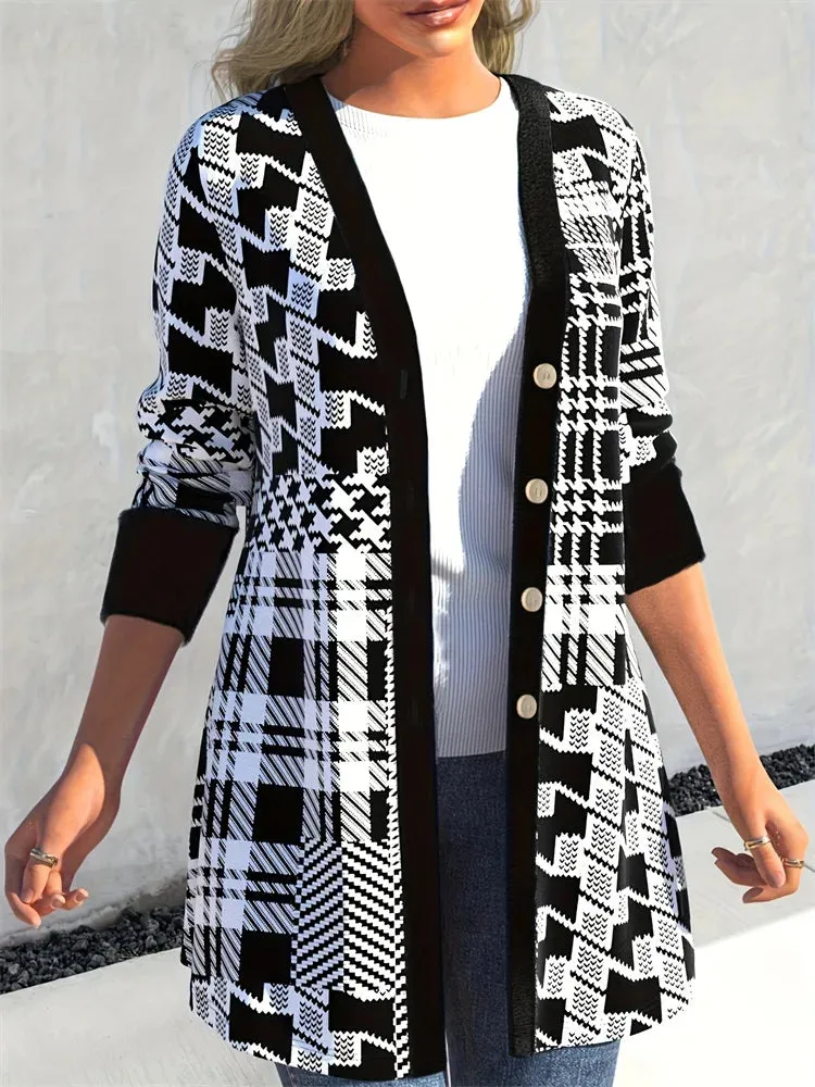 Stylish Women’s Cardigan with Geometric Pattern and Long Sleeves