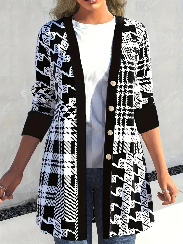 Stylish Women’s Cardigan with Geometric Pattern and Long Sleeves