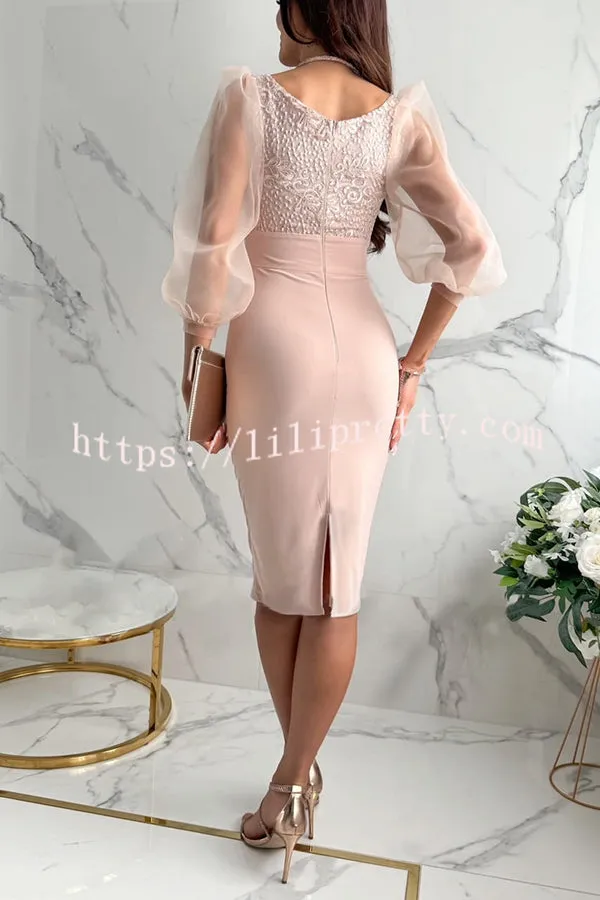 Subtle Charmer Lace and Tulle Patchwork Ruffle Sleeve Ruched Midi Dress
