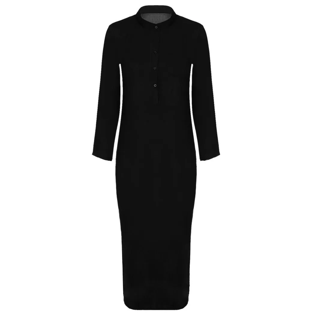 Summer Autumn Long Maxi Dress Women Shirt Dresses Linen Cotton Casual Dress Vintage Split vestidos de festa Black S-XL