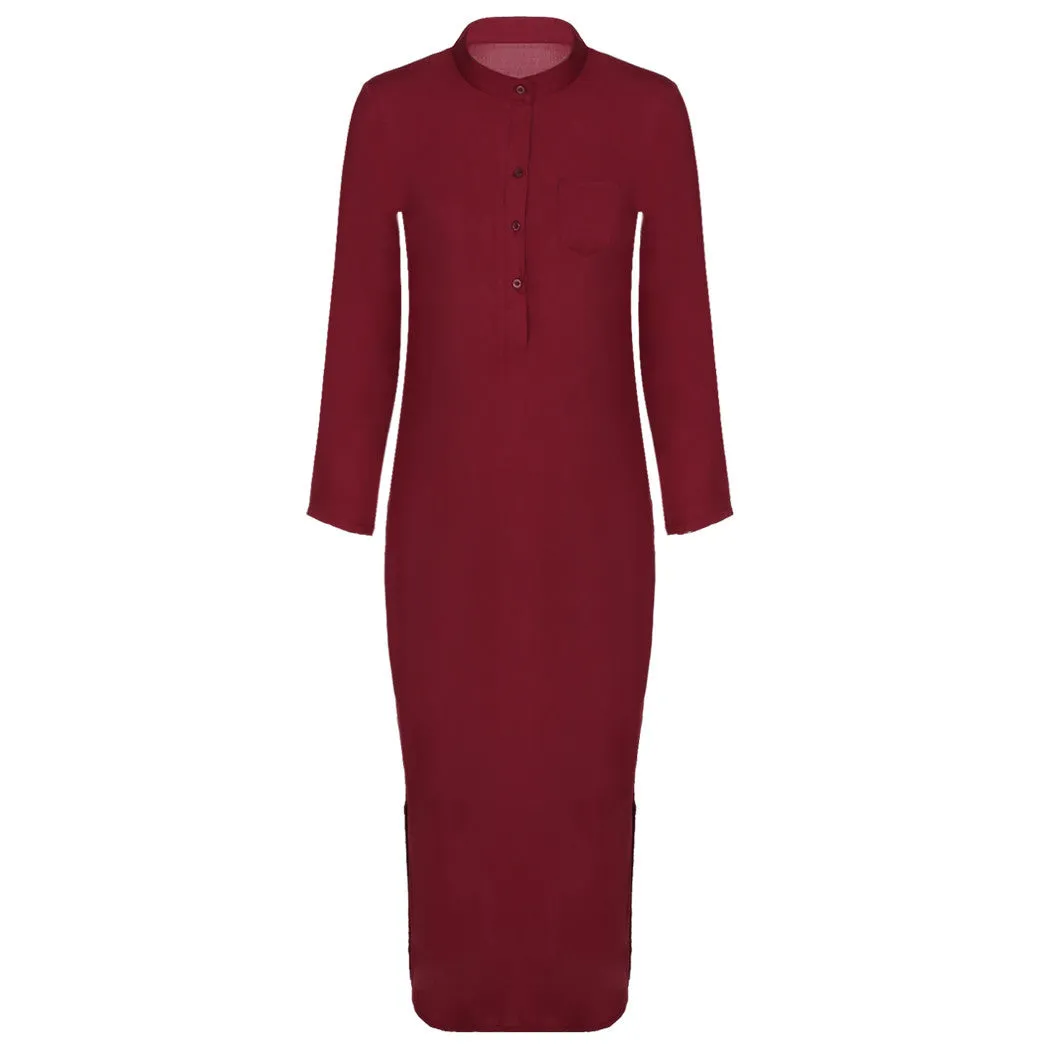 Summer Autumn Long Maxi Dress Women Shirt Dresses Linen Cotton Casual Dress Vintage Split vestidos de festa Black S-XL