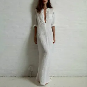 Summer Autumn Long Maxi Dress Women Shirt Dresses Linen Cotton Casual Dress Vintage Split vestidos de festa Black S-XL