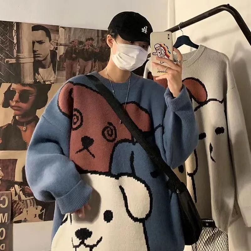 Sweater men loose autumn and winter Japanese retro cartoon Male bottoming shirt pullovers