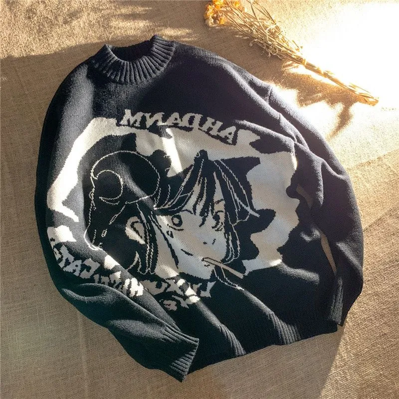 Sweater men loose autumn and winter Japanese retro cartoon Male bottoming shirt pullovers
