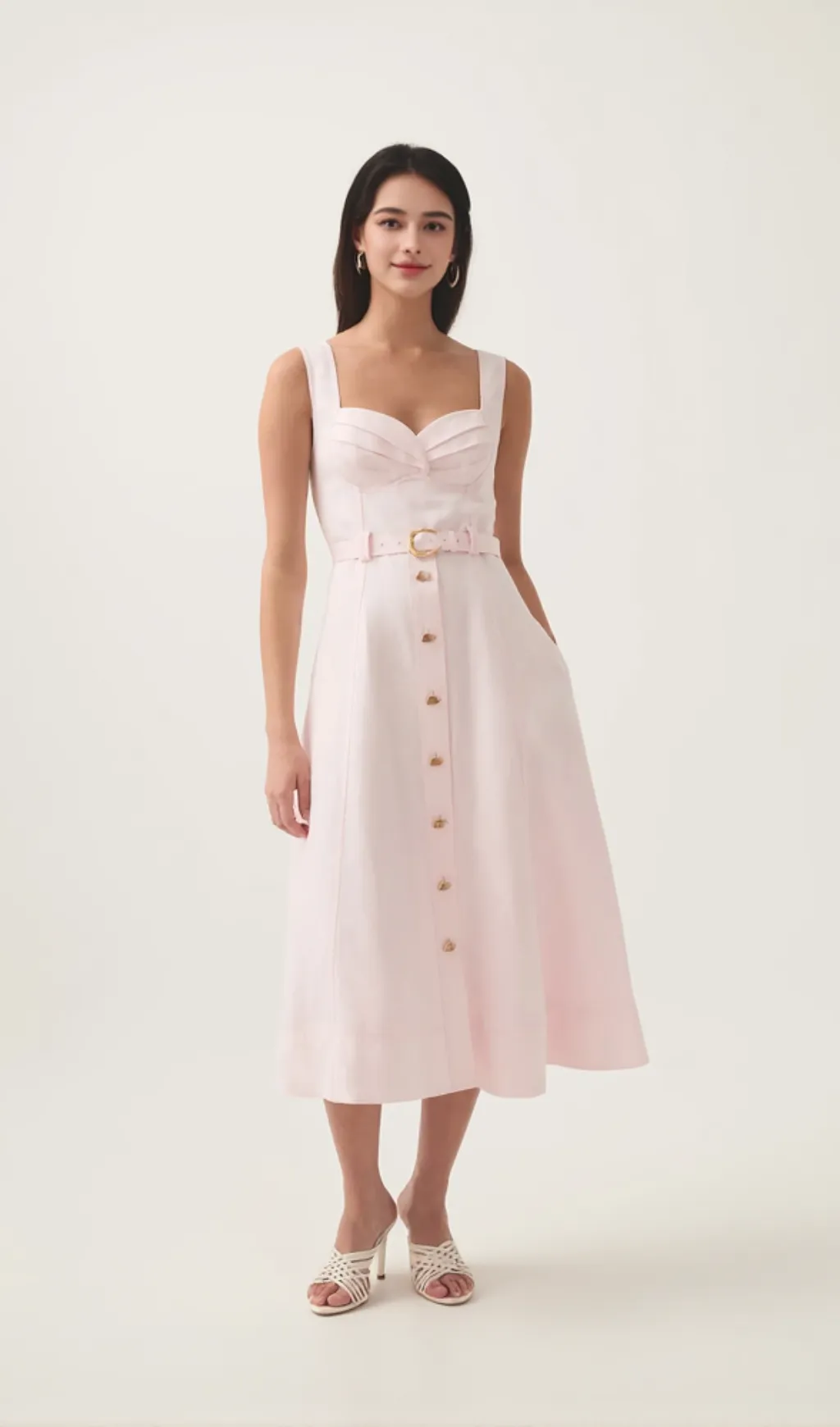 sweetheart neckline belted midi dress in pink