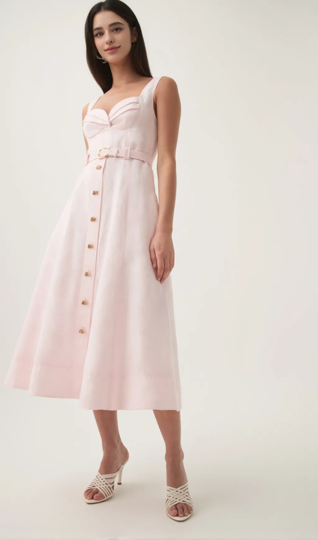 sweetheart neckline belted midi dress in pink