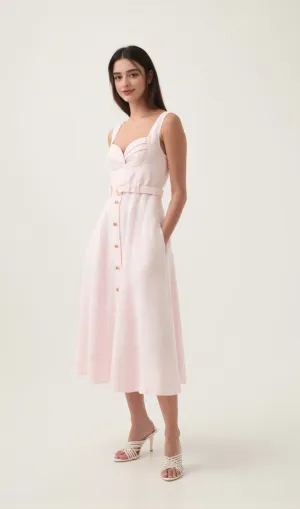 sweetheart neckline belted midi dress in pink