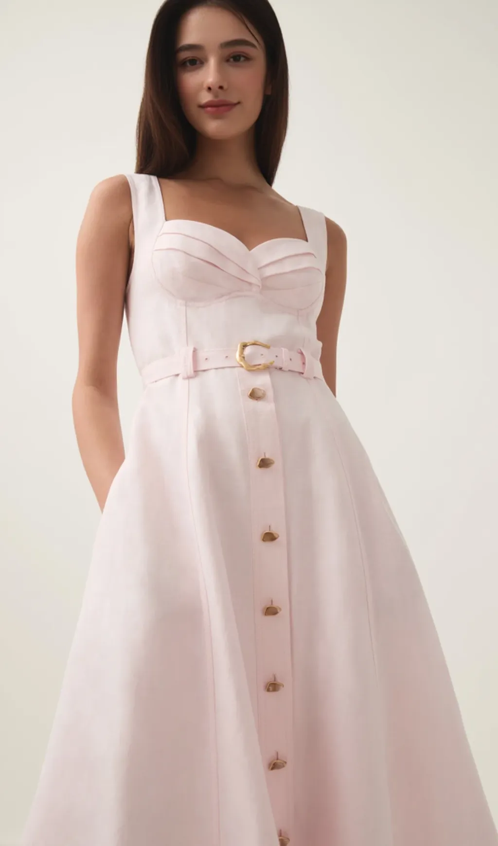sweetheart neckline belted midi dress in pink