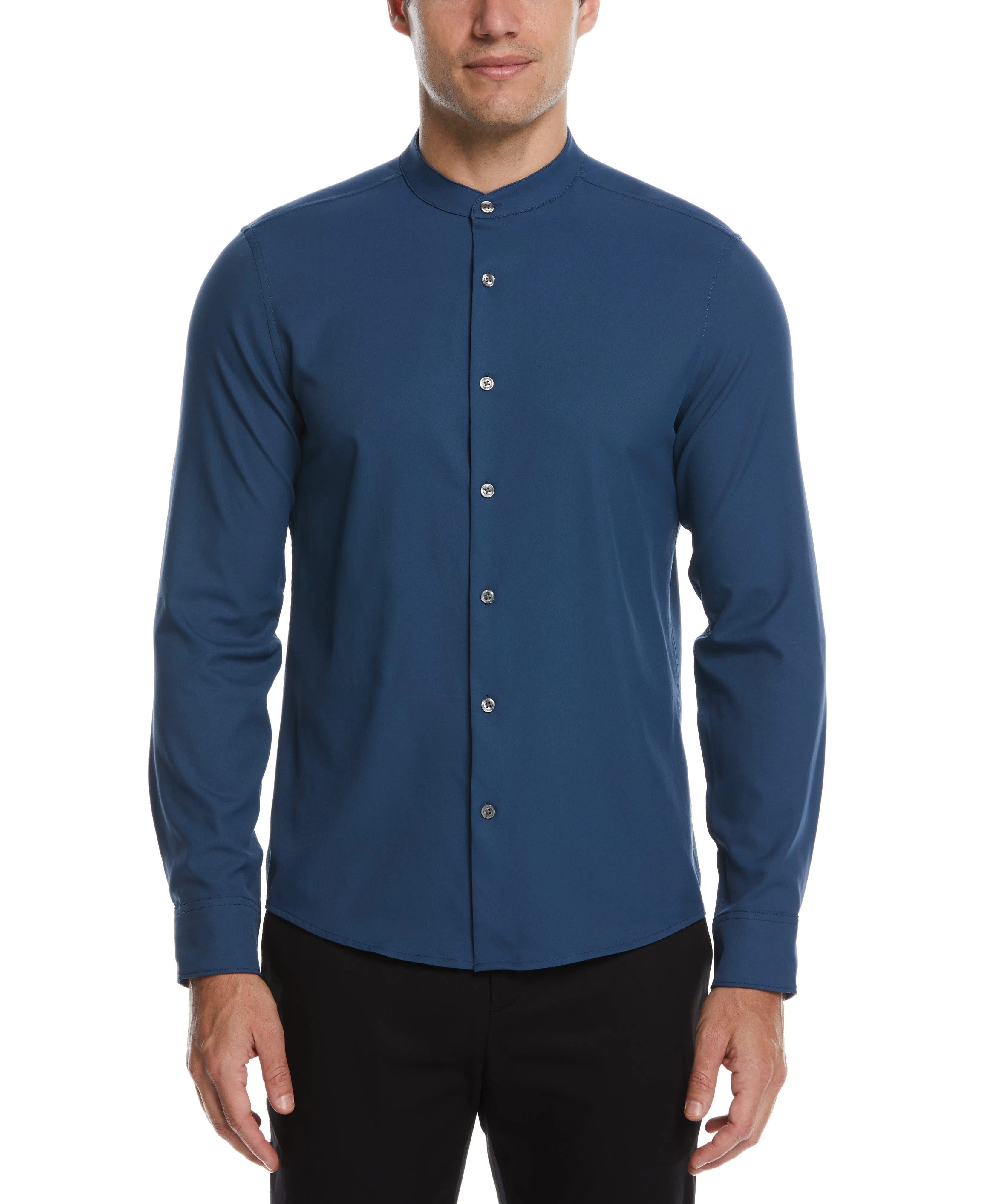 Tall Untucked Total Stretch Slim Fit Banded Collar Shirt - Blue