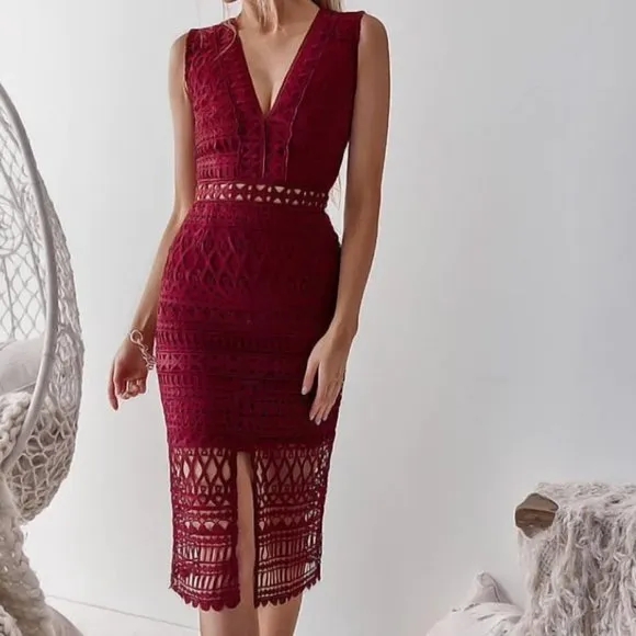 Two Sisters The Label Scarlett Dress Midi V-neck Sleeveless Lace Wine Size 6
