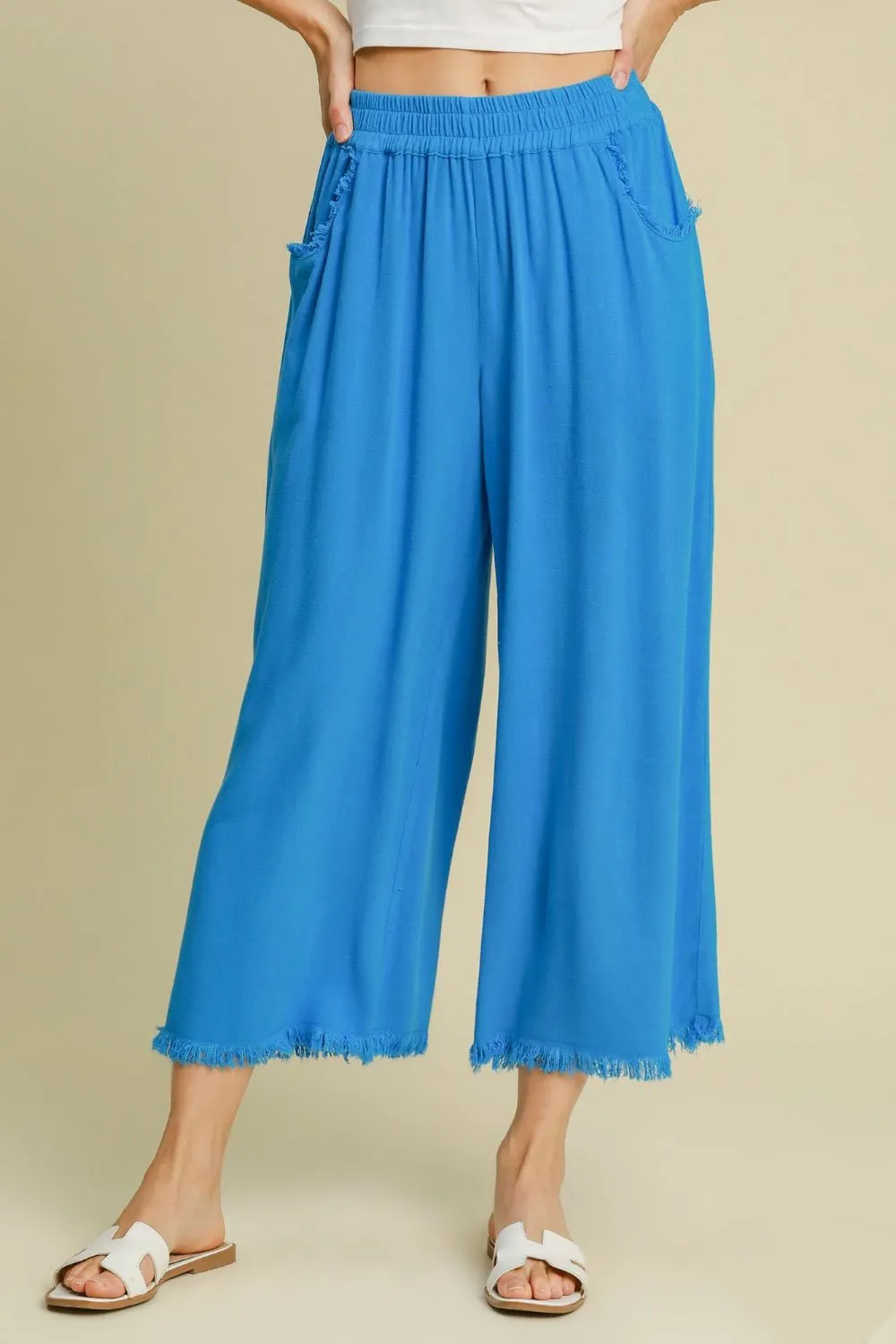 Umgee Full Size Linen Blend Elastic Waistband Wide Leg Pants Plus Size