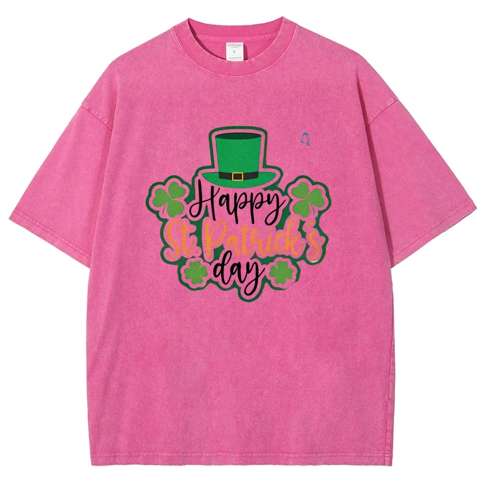 Unisex Vintage Happy St. Patrick's Day Cheer with Green Hat Graphic Washed Tee