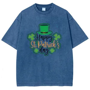 Unisex Vintage Happy St. Patrick's Day Cheer with Green Hat Graphic Washed Tee