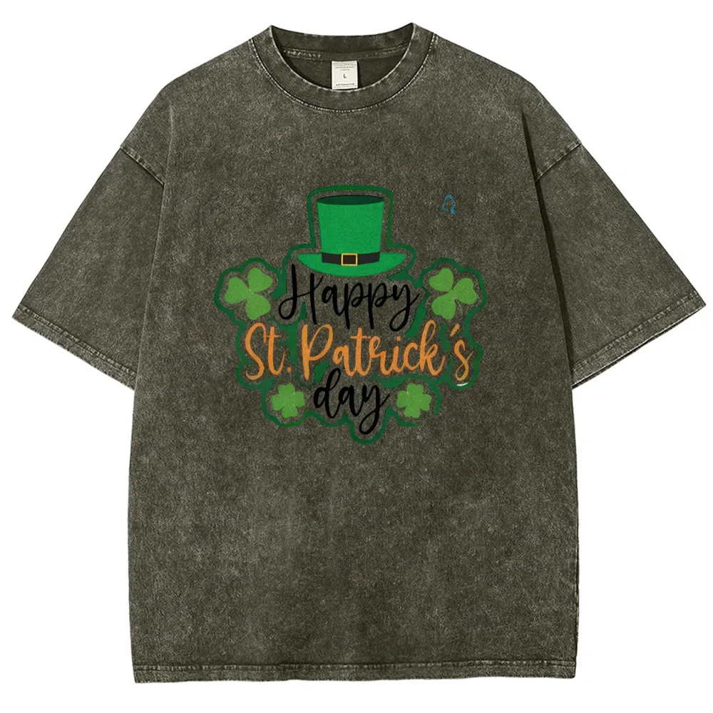 Unisex Vintage Happy St. Patrick's Day Cheer with Green Hat Graphic Washed Tee