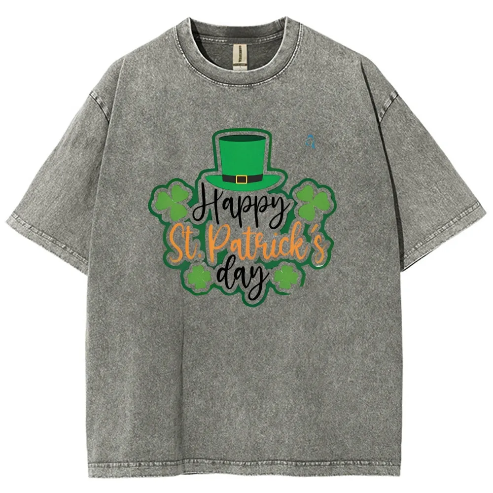 Unisex Vintage Happy St. Patrick's Day Cheer with Green Hat Graphic Washed Tee