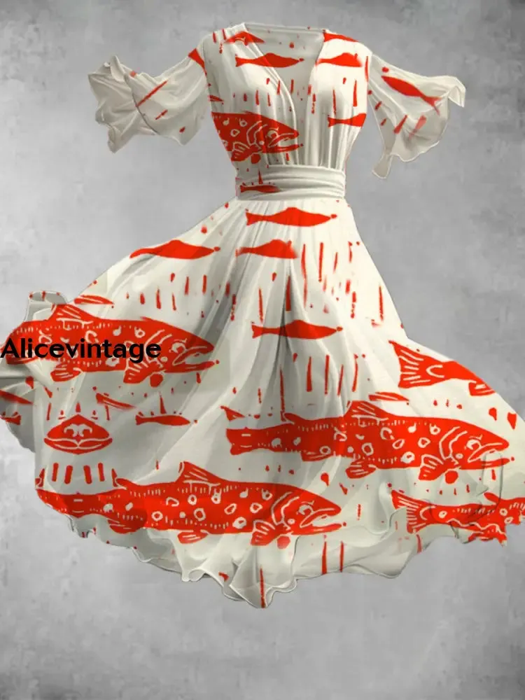 Vintage Fish Art Print V-Neck Elegant Chic Short Sleeve Flowy Midi Dress