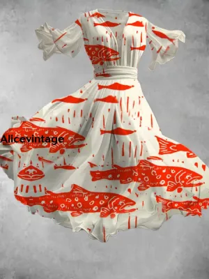 Vintage Fish Art Print V-Neck Elegant Chic Short Sleeve Flowy Midi Dress