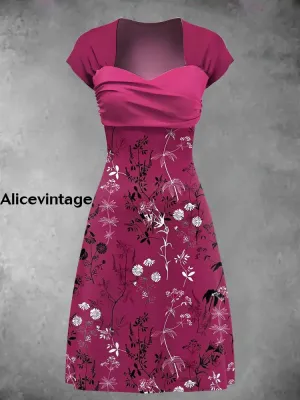 Vintage Floral Art Print Elegant Chic Short Sleeve Mini Dress