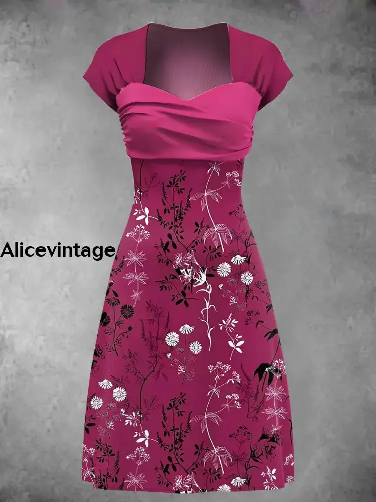 Vintage Floral Art Print Elegant Chic Short Sleeve Mini Dress