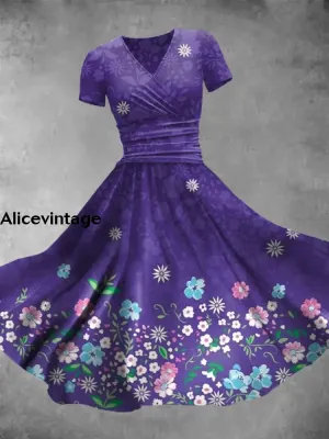 Vintage Floral Art Print V Elegant and Chic Short Sleeve Midi Dress