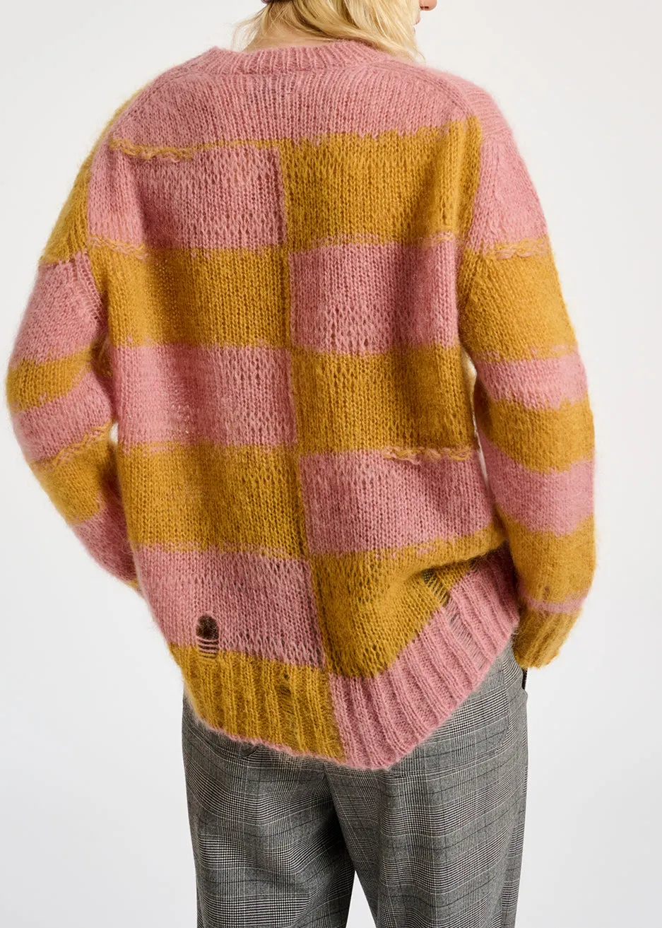 Vintage pink and ochre striped distressed knit sweater