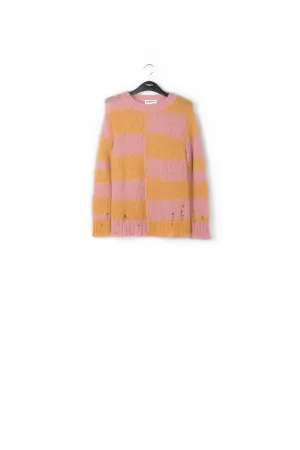 Vintage pink and ochre striped distressed knit sweater