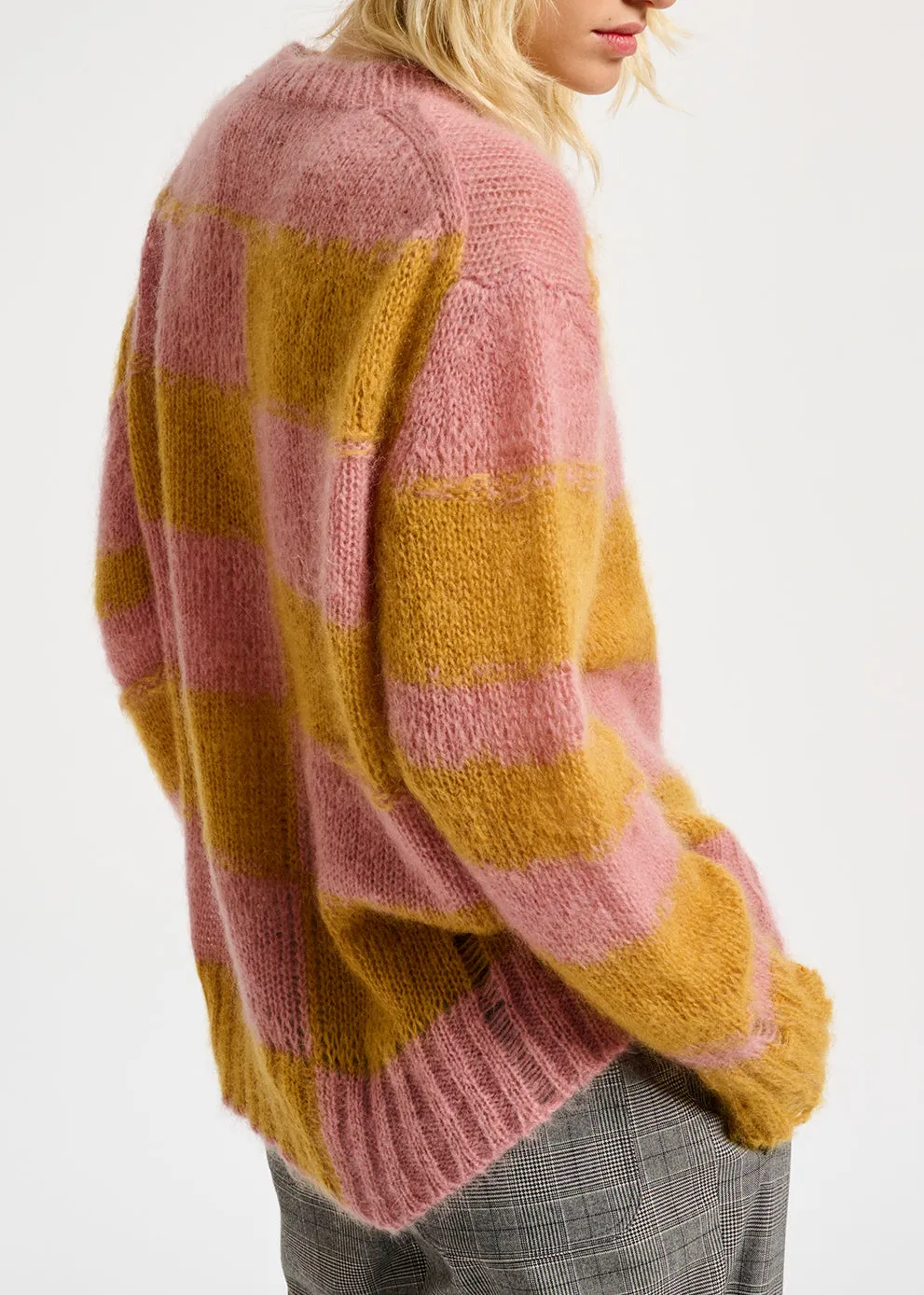 Vintage pink and ochre striped distressed knit sweater