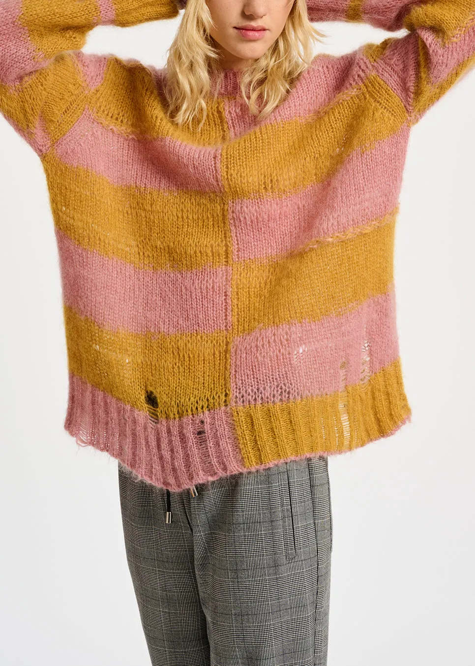Vintage pink and ochre striped distressed knit sweater