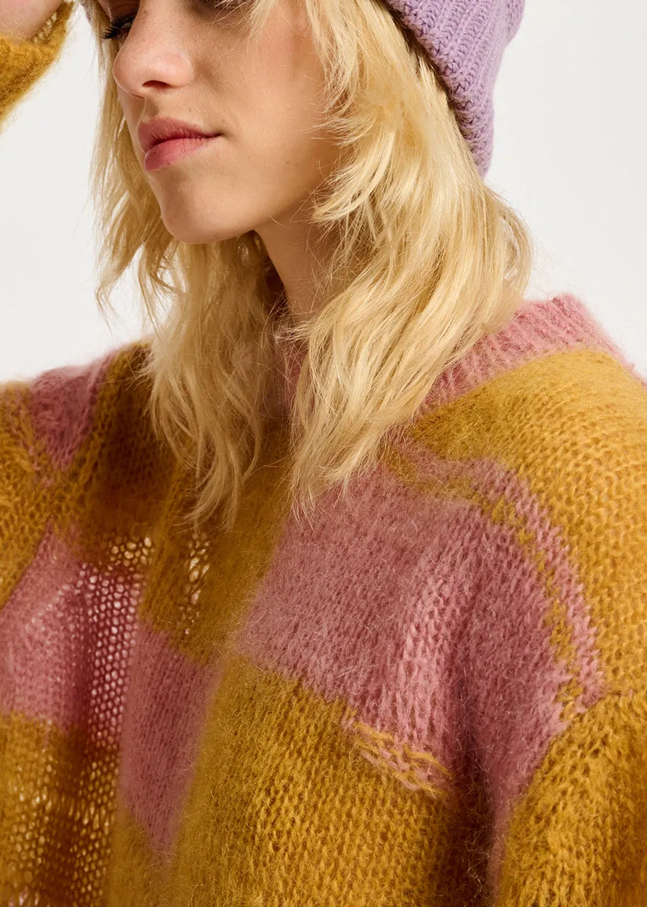 Vintage pink and ochre striped distressed knit sweater