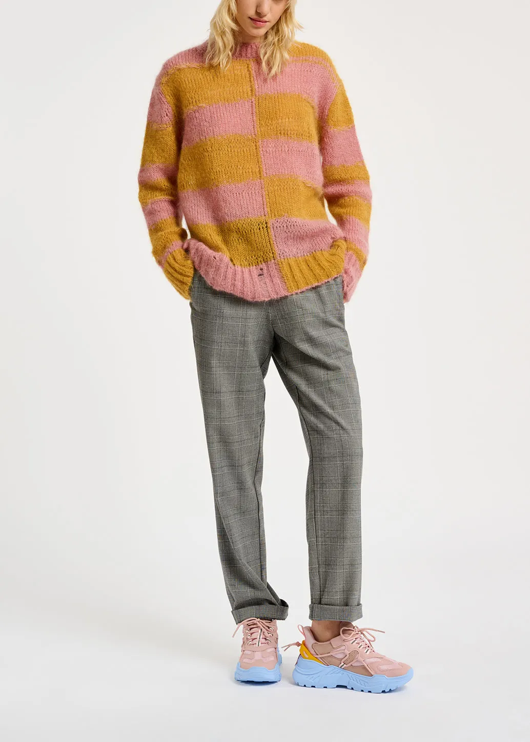 Vintage pink and ochre striped distressed knit sweater