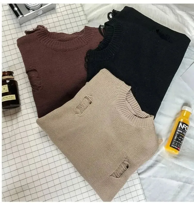 Wash Hole Ripped Knit Sweaters Men Women Streetwear Hip Hop Pullovers Jumper Fashion Oversized All-match Men Winter Clothes
