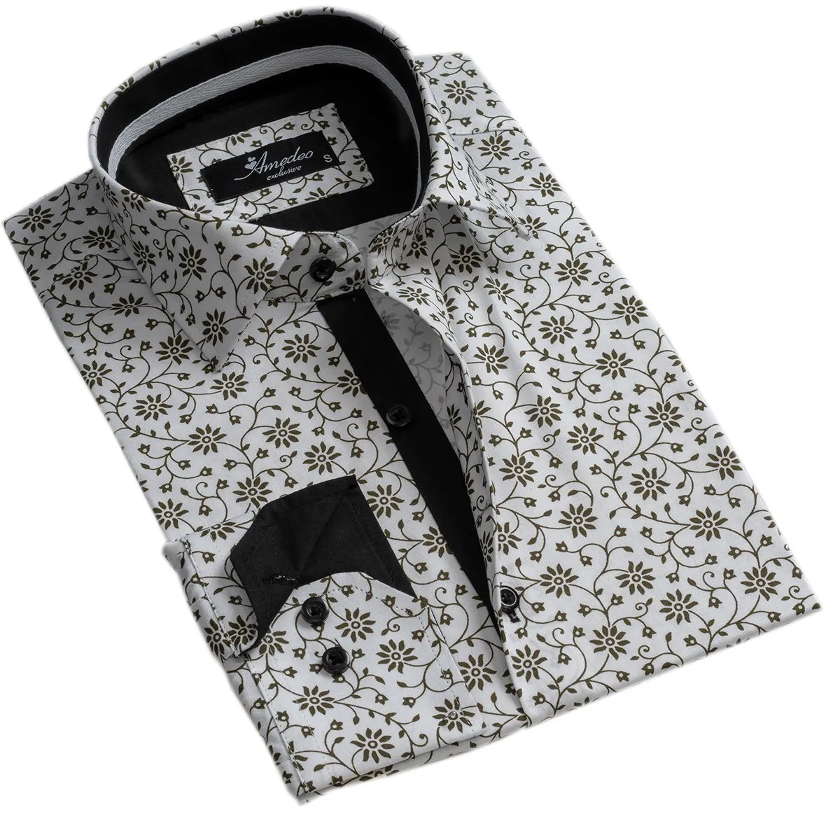 White Green Floral Mens Slim Fit Designer Dress Shirt - tailored Cotton Shirts for Work and Casual