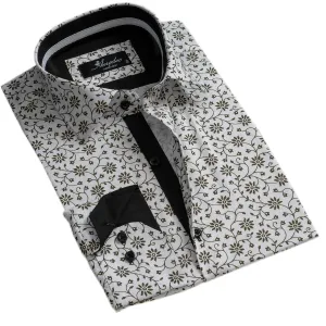 White Green Floral Mens Slim Fit Designer Dress Shirt - tailored Cotton Shirts for Work and Casual